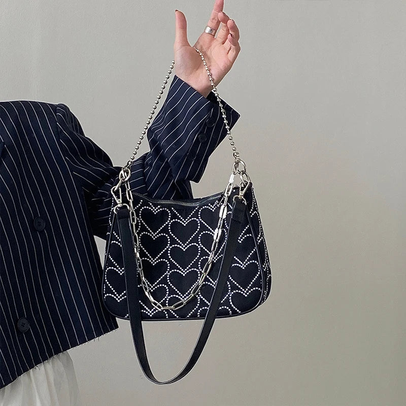 Hot Girls Underarm Bags Heart Embroidery Women Shoulder Messenger Bag