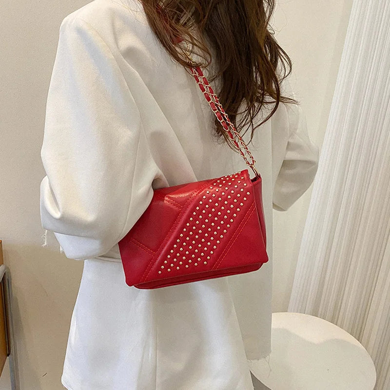 Chain Strap Rivet Shoulder Bag Crossbody PU Leather Flap Handbags
