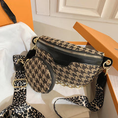 Plaid Canvas Waist Bag Chain Women's Fanny Pack 2 in 1 Shoulder Crossbody