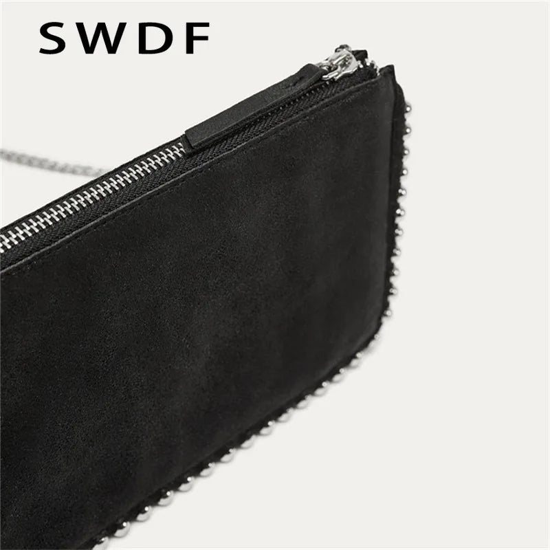 Matte Leather Crossbody Shoulder Bag with Chains Beading for Women