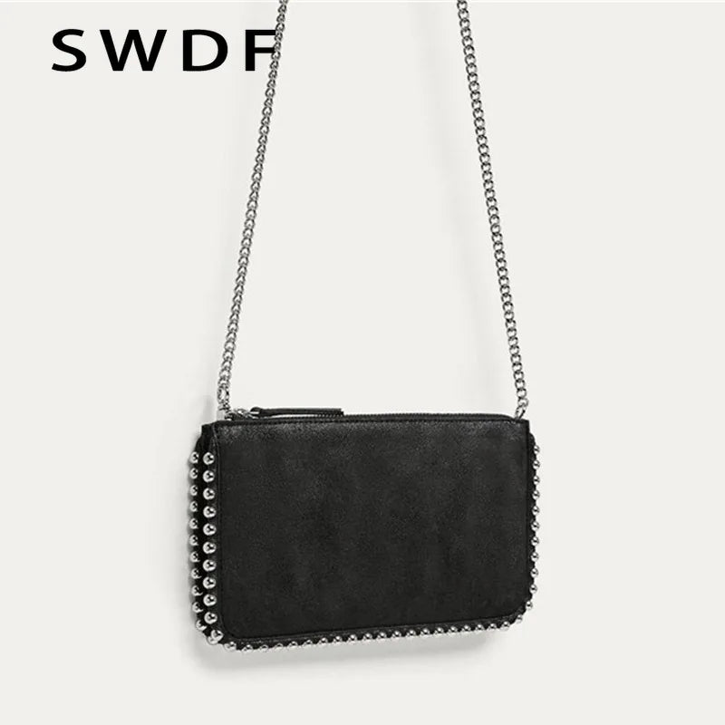 Matte Leather Crossbody Shoulder Bag with Chains Beading for Women