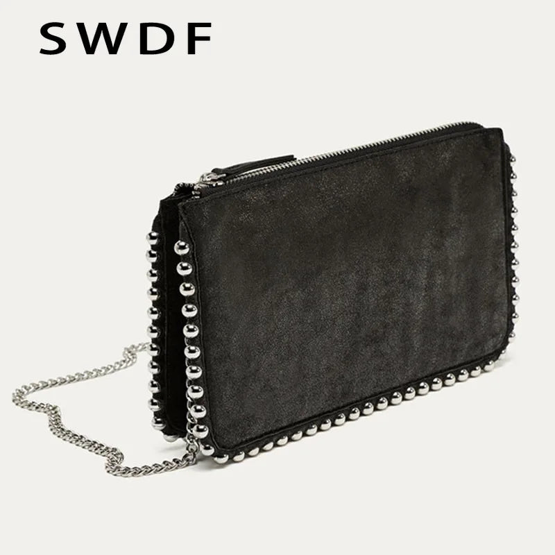 Matte Leather Crossbody Shoulder Bag with Chains Beading for Women