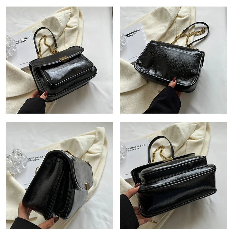Vintage PU Leather Crossbody Bag with Chains Shoulder Strap