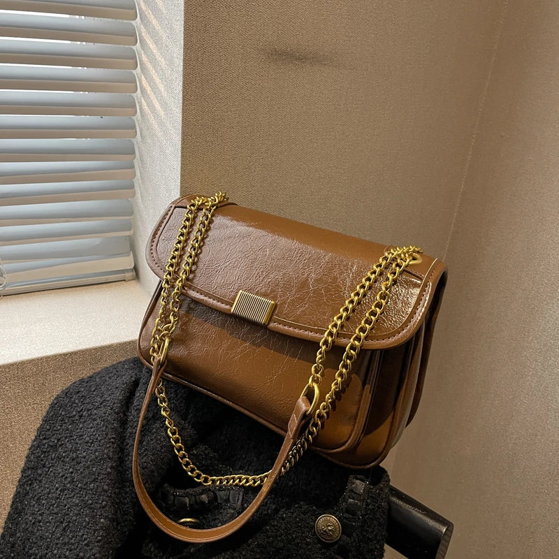 Vintage PU Leather Crossbody Bag with Chains Shoulder Strap