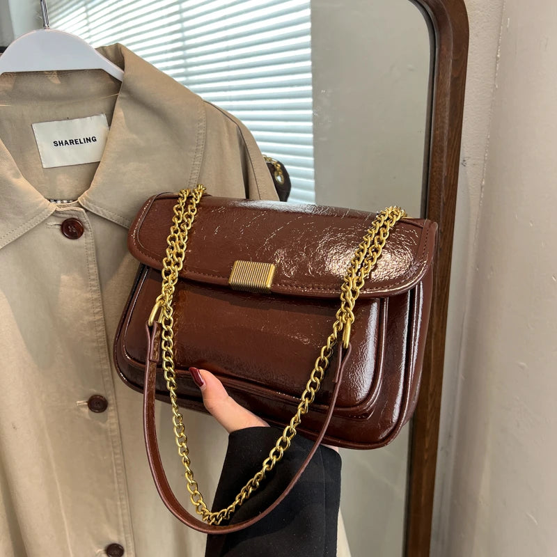 Vintage PU Leather Crossbody Bag with Chains Shoulder Strap