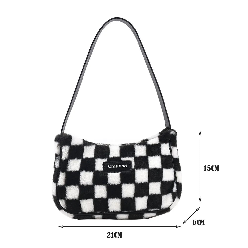 Plush Shoulder Bag for Women, Checker Print, Zipper Purse