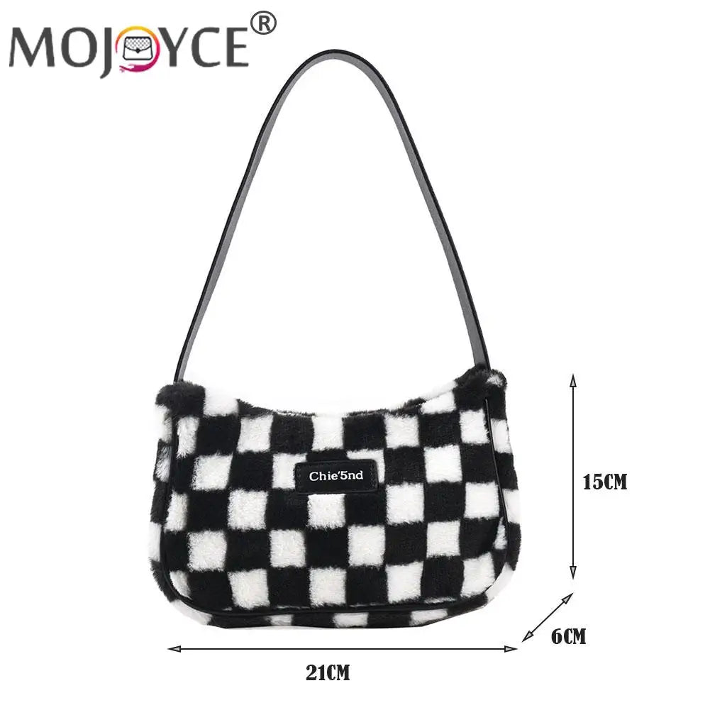 Plush Shoulder Bag for Women, Checker Print, Zipper Purse