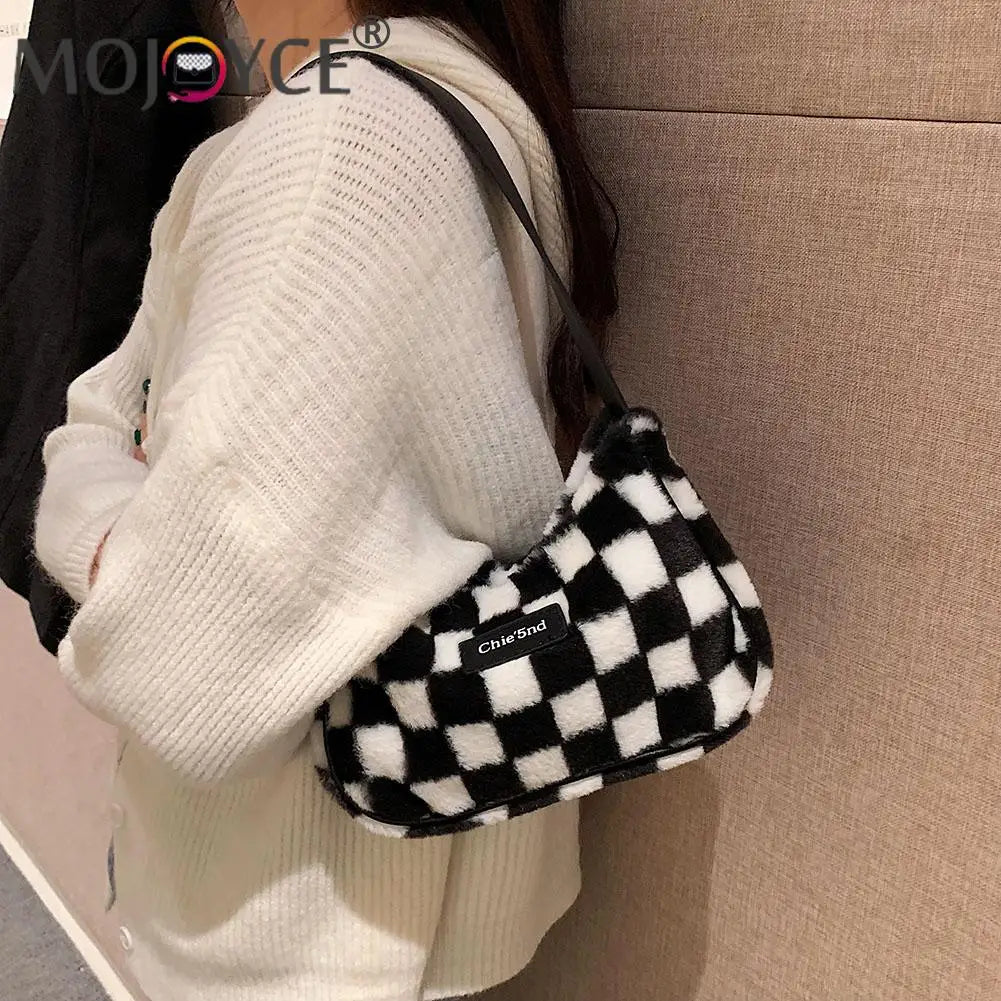 Plush Shoulder Bag for Women, Checker Print, Zipper Purse