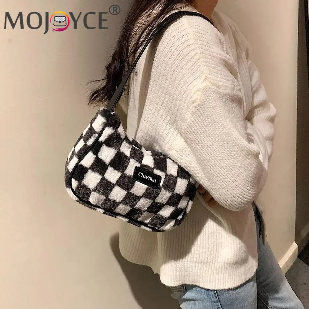 Plush Shoulder Bag for Women, Checker Print, Zipper Purse