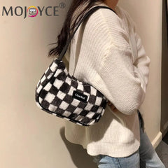 Plush Shoulder Bag for Women, Checker Print, Zipper Purse