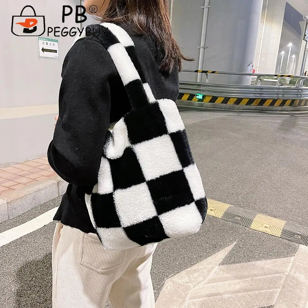 Checkered Printing Shoulder Underarm Bag Casual Autumn Winter Soft Plu