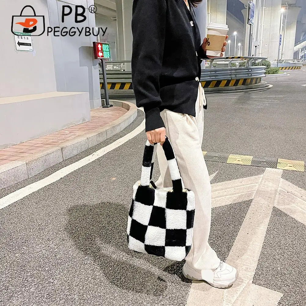 Checkered Printing Shoulder Underarm Bag Casual Autumn Winter Soft Plu