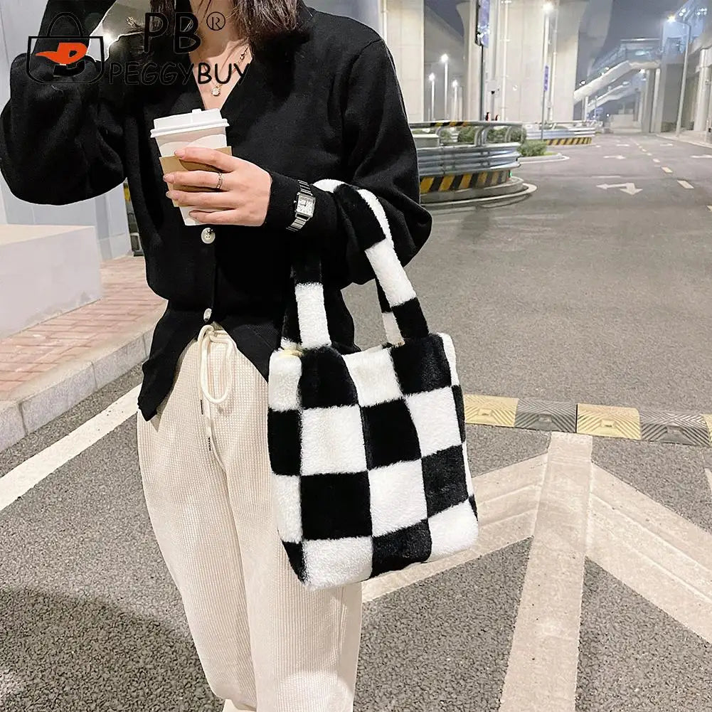 Checkered Printing Shoulder Underarm Bag Casual Autumn Winter Soft Plu