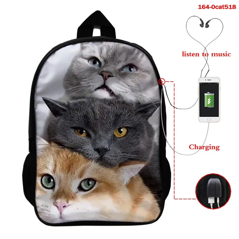 3D Animal Cat School Bag for Girls Women Casual Bookbag Mochila Feminina