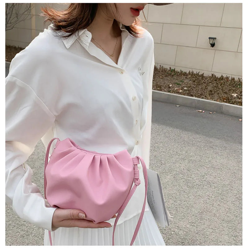 Cloud Bag Lady Messenger Pleated Shoulder Bag Solid Drawstring Zipper