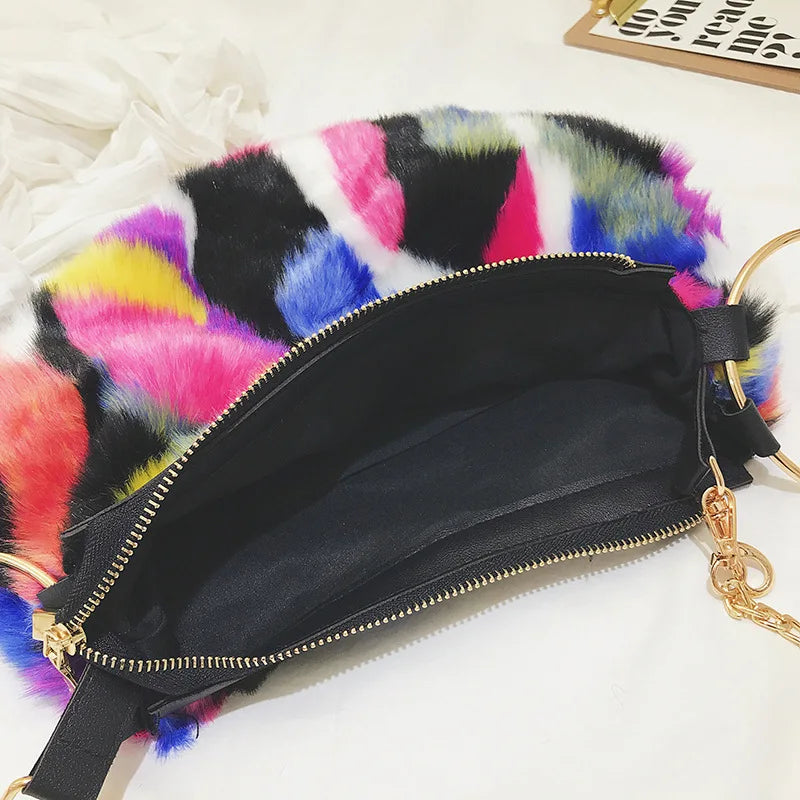 Colourful Plush Chain Bag Women Messenger Bag Lady Contrast Clutch Shoulder Bag