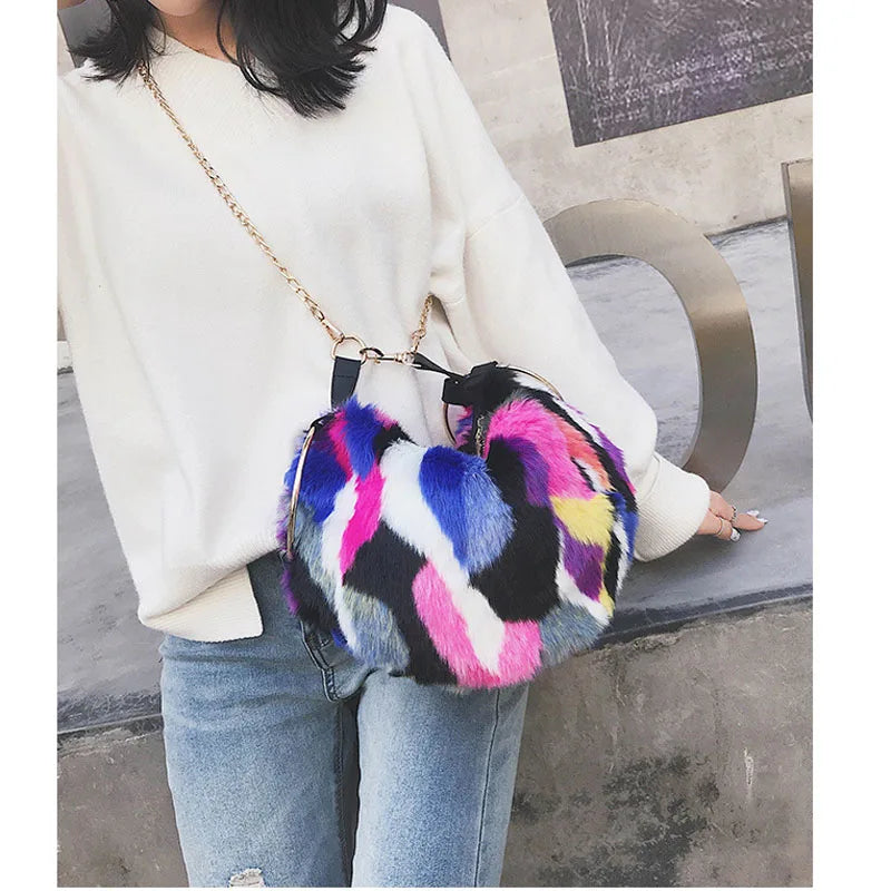 Colourful Plush Chain Bag Women Messenger Bag Lady Contrast Clutch Shoulder Bag