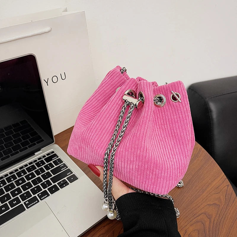 Corduroy Drawstring Handbag Bucket Chain Shoulder Crossbody Bag