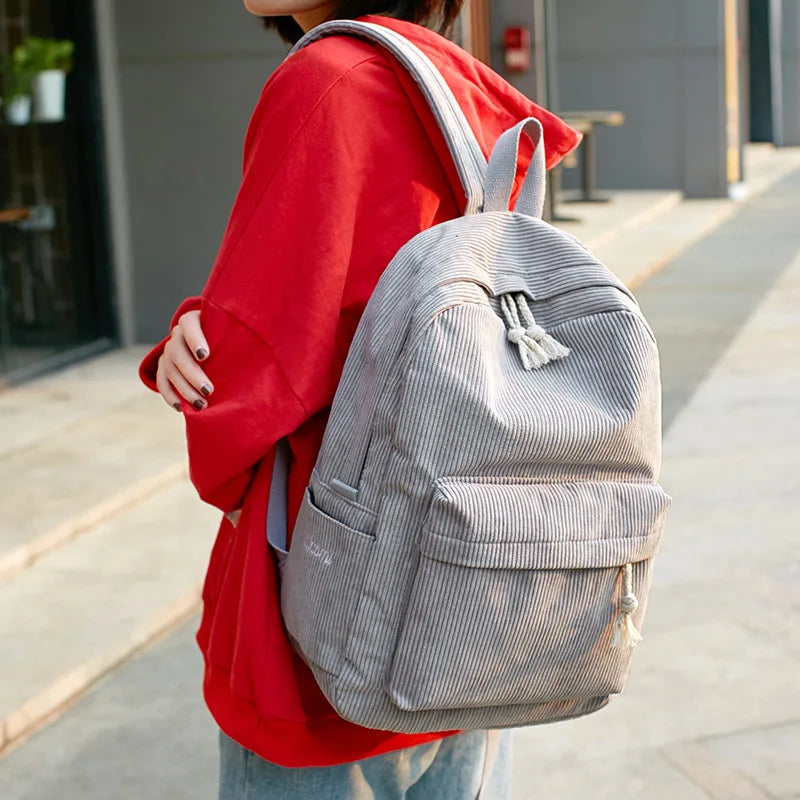 Corduroy Women Backpack Large Capacity School Bag for Girls