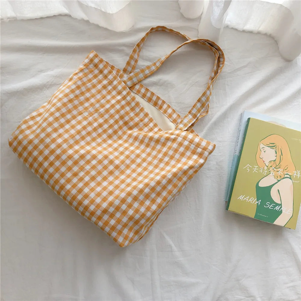 Cotton Plaid Shoulder Bag Eco-Friendly Reusable Shopping Tote Handbag