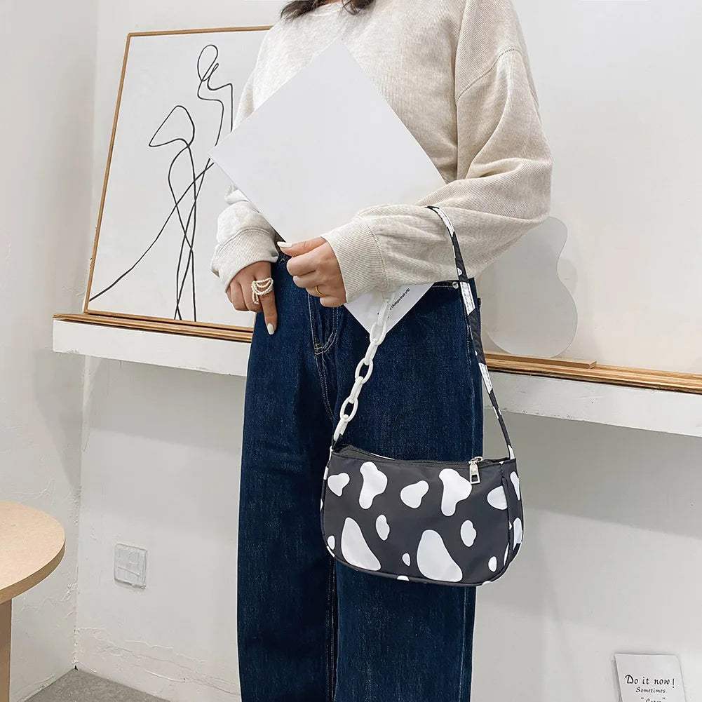 Cow Milk Printed Women Handbag Nylon Underarm Shoulder Bags