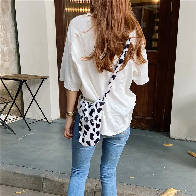 Cow Pattern Plush Crossbody Water Cup Bag Girl Student Small Bucket Handbag