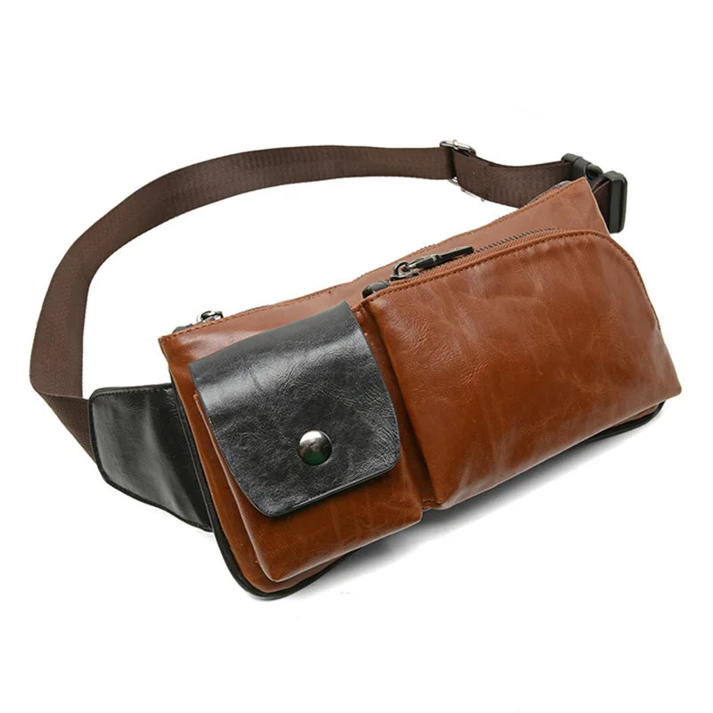 Brown Leather Crossbody Bag Men's Casual Messenger Chest Bag