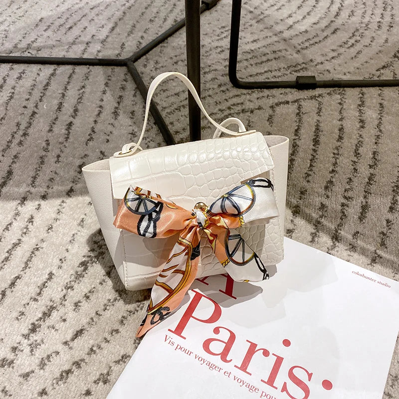 Crocodile Pattern Crossbody Bag with Silk Scarf Bow