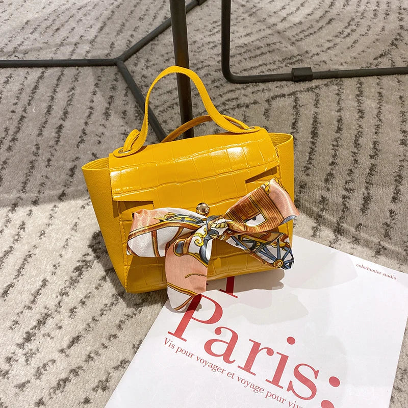 Crocodile Pattern Crossbody Bag with Silk Scarf Bow