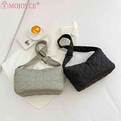 Crossbody Bag Cotton Padded Shoulder Quilted Rhombus Solid Wide Belt