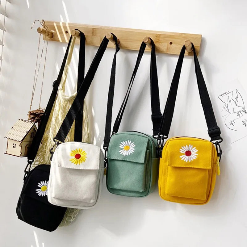 Vintage Daisy Sling Bag Embroidered Canvas Crossbody Shoulder Bag