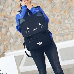 Cat Embroidery Canvas Student Bag Women Backpack