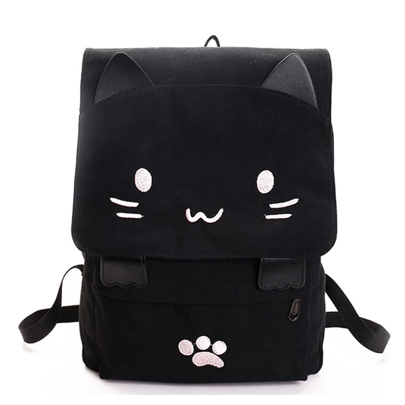 Cat Embroidery Canvas Student Bag Cartoons Women Backpack