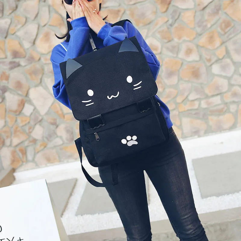 Cat Embroidery Canvas Student Bag Cartoons Women Backpack