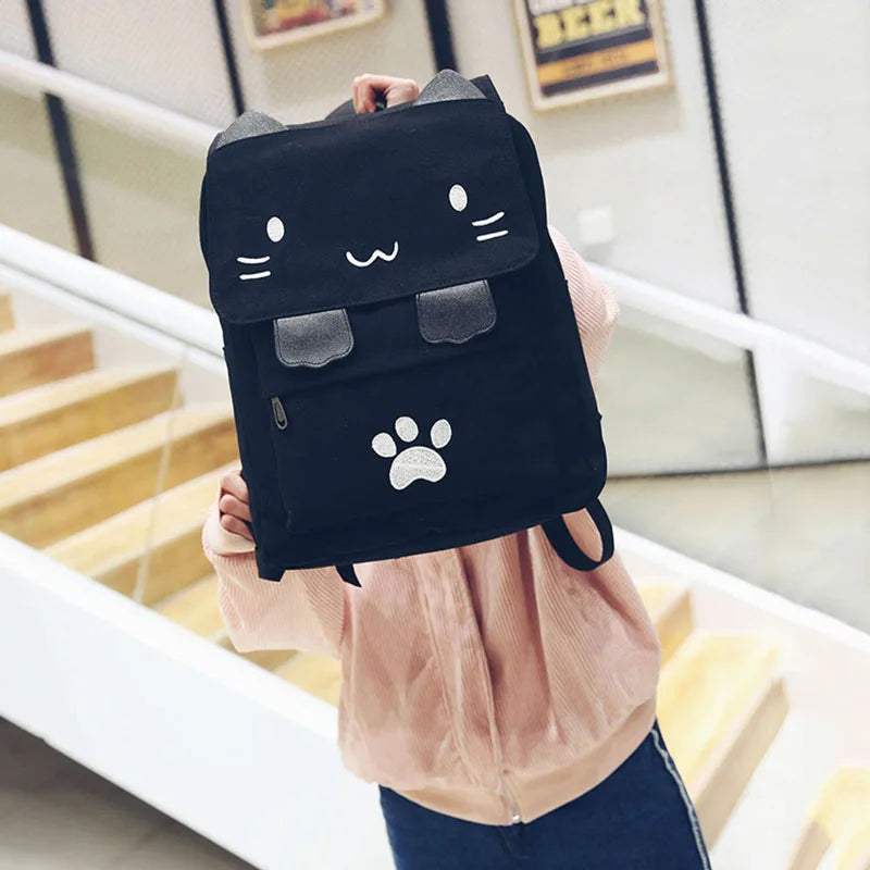 Cat Embroidery Canvas Student Bag Women Backpack