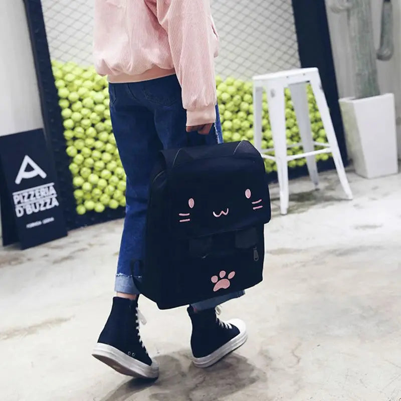 Cat Embroidery Canvas Student Bag Women Backpack School Bag