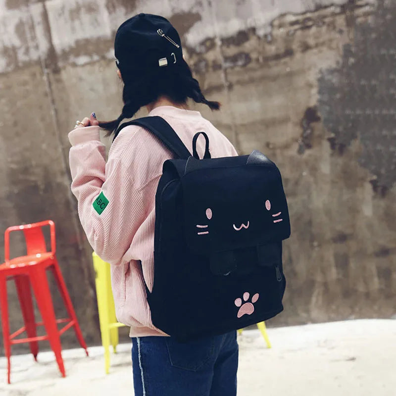 Cat Embroidery Canvas Student Bag Women Backpack School Bag