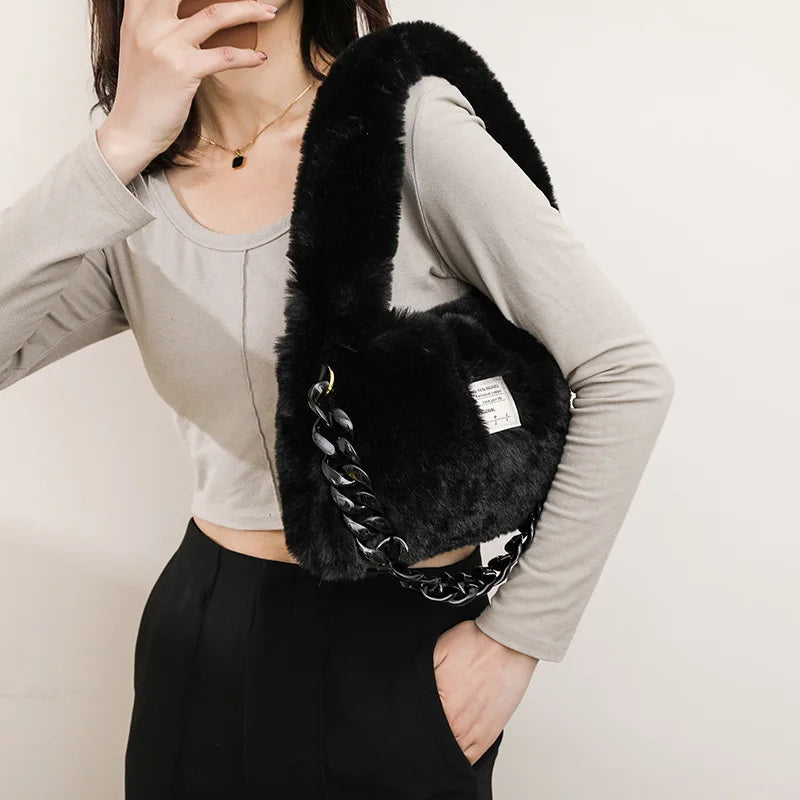 Women Plush Shoulder Candy Bag Winter Furry Shopper Totes Ladies Chains Decor