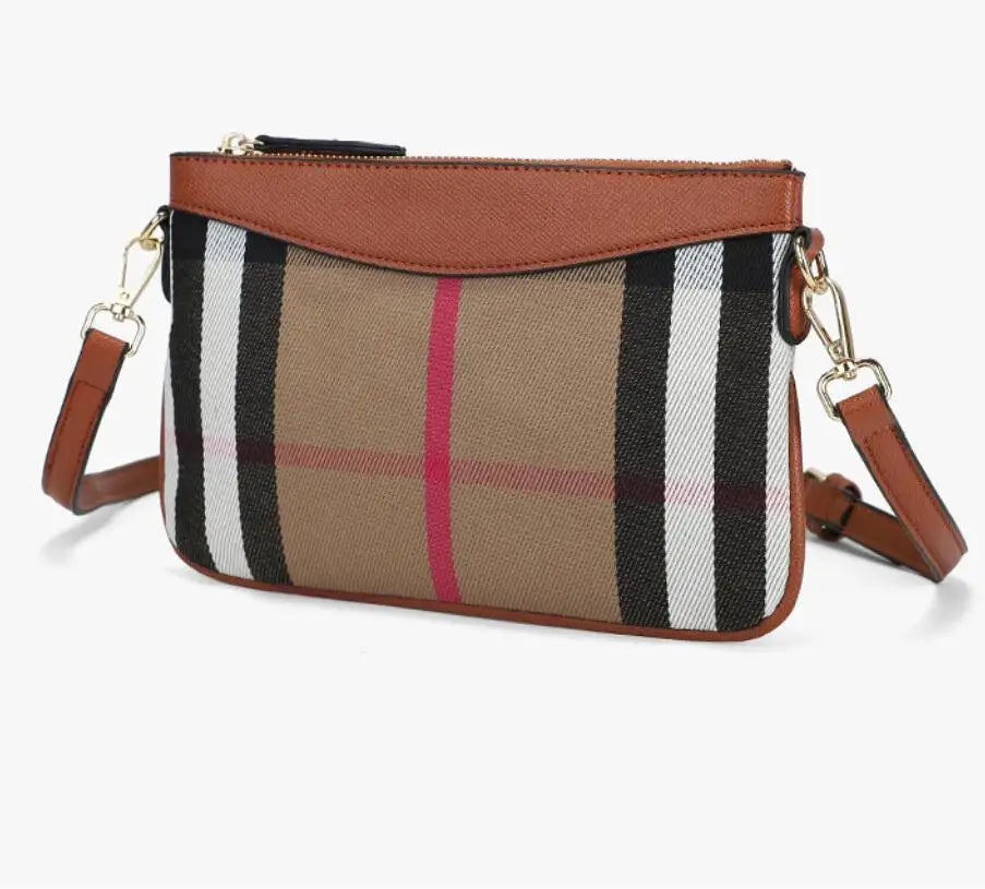 Plaid Messenger Bag Leather Crossbody Shoulder Bag