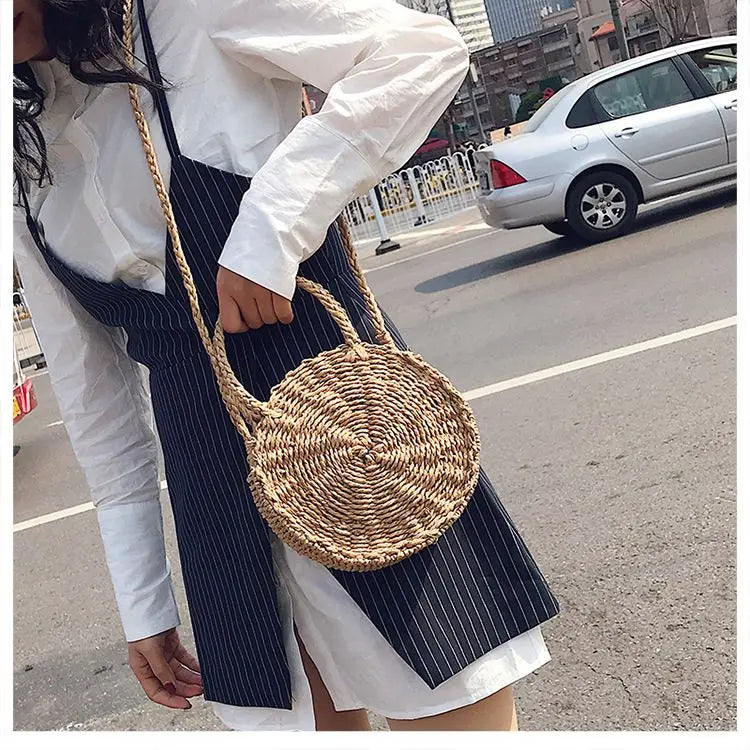 Retro Rattan Shoulder Bag Round Straw Handbag Boho Beach Messenger Bag