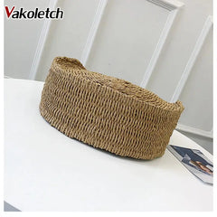 Retro Rattan Shoulder Bag Round Straw Handbag Boho Beach Messenger Bag