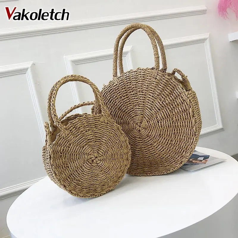 Retro Rattan Shoulder Bag Round Straw Handbag Boho Beach Messenger Bag