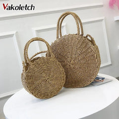 Retro Rattan Shoulder Bag Round Straw Handbag Boho Beach Messenger Bag