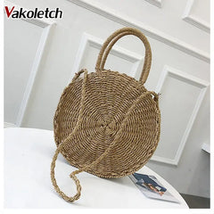 Retro Rattan Shoulder Bag Round Straw Handbag Boho Beach Messenger Bag