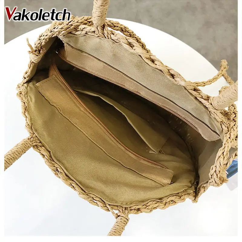 Retro Rattan Shoulder Bag Round Straw Handbag Boho Beach Messenger Bag