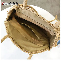 Retro Rattan Shoulder Bag Round Straw Handbag Boho Beach Messenger Bag