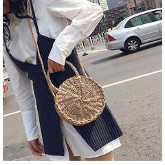 Retro Rattan Shoulder Bag Round Straw Handbag Boho Beach Messenger Bag