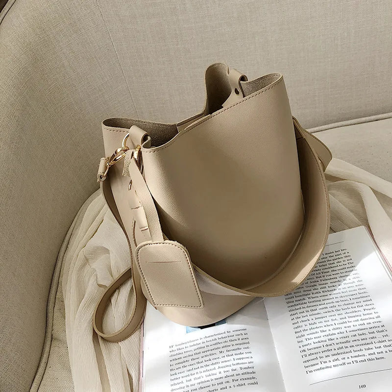 Women's PU Leather Handbag Casual Tote Bucket Shoulder Crossbody Bag