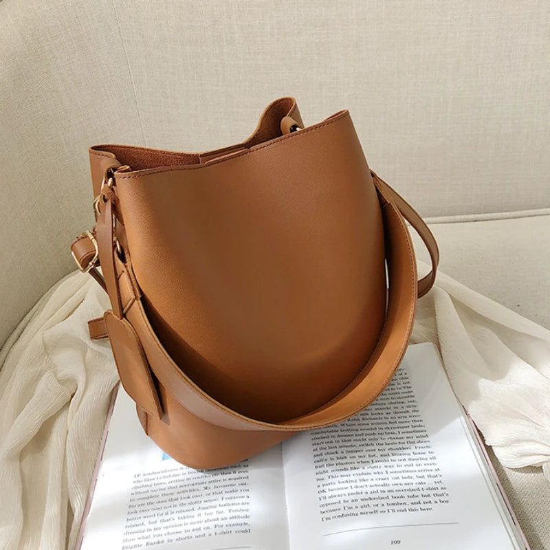 Women's PU Leather Handbag Casual Tote Bucket Shoulder Crossbody Bag