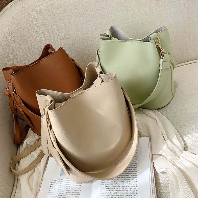 Women's PU Leather Handbag Casual Tote Bucket Shoulder Crossbody Bag
